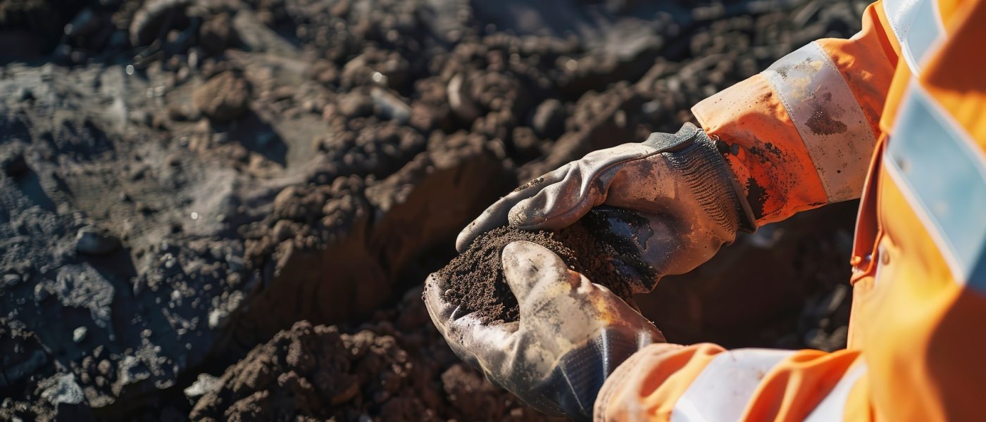 Close-up of a geotechnical engineer examining soil samples 